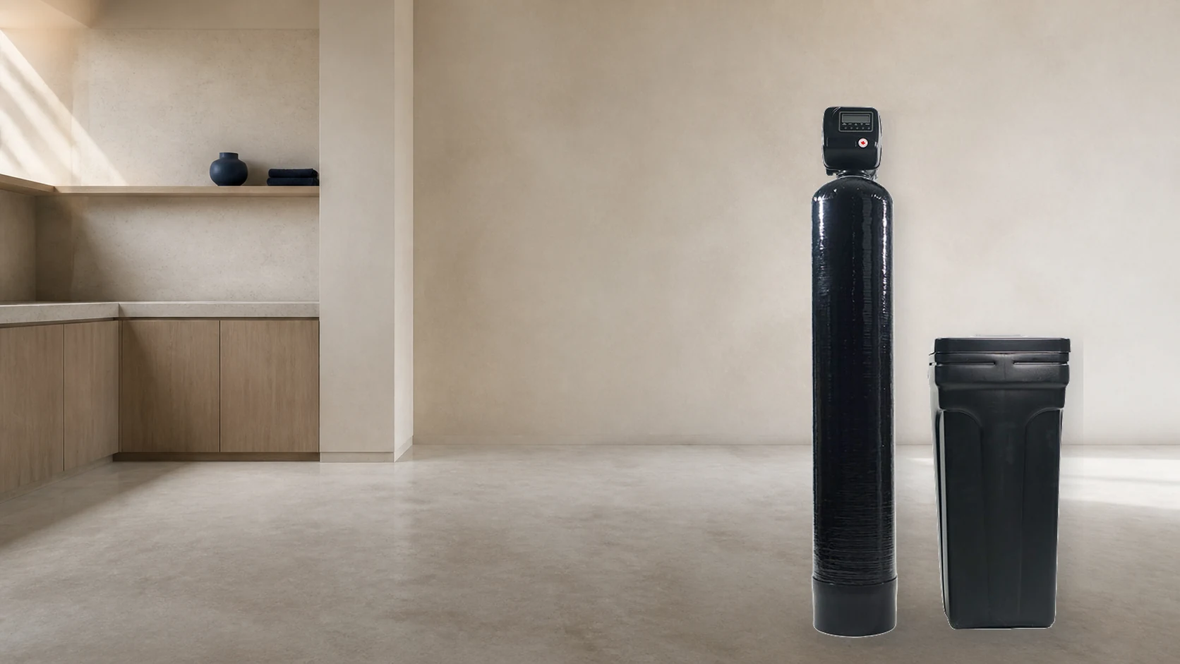 Scale-Shield water softener and brine tank shown in a clean product setting